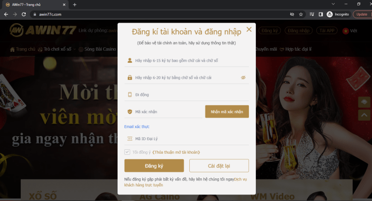 Đăng ký chơi tại Awin77 vô cùng đơn giản
