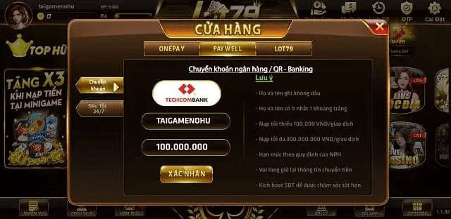 Hướng dẫn cách nạp rút tiền tại Lot79