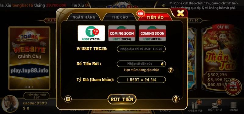 Cổng thanh toán rút tiền được hỗ trợ tại TOP88