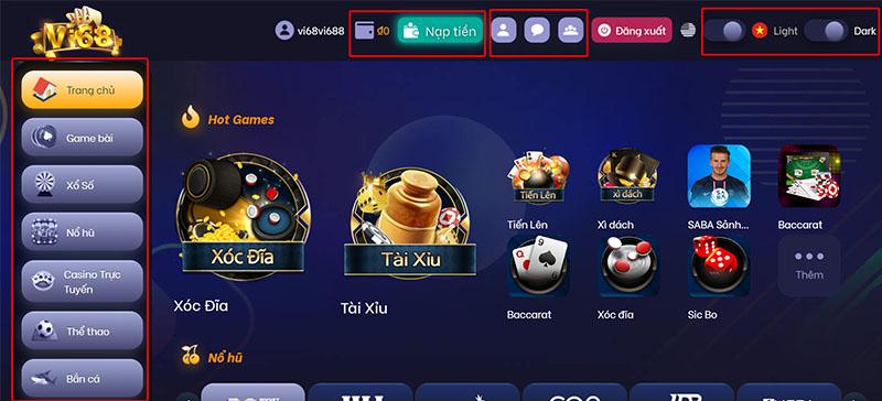 Giao diện thiết kế dễ sử dụng của cổng game vi68