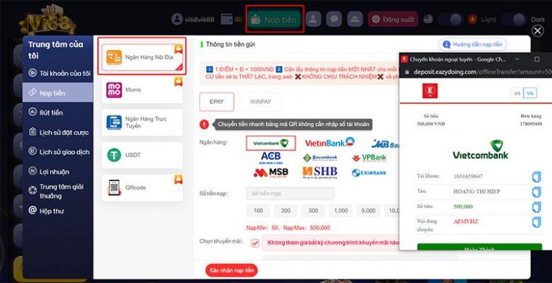 Nạp tiền qua Ngân hàng vào Vi68