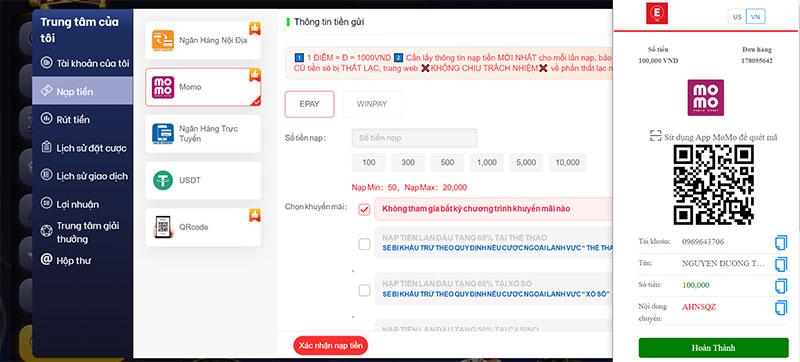 Nạp tiền vào Vi68 bằng Momo