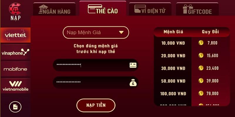 Game thủ có thể lựa chọn hình thức nhận code thông qua thẻ nạp