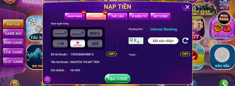 Nạp tiền OK88 bằng CodePay