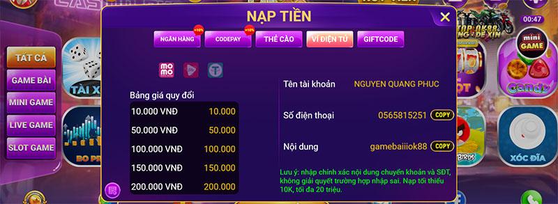 Nạp tiền bằng Ví điện tử