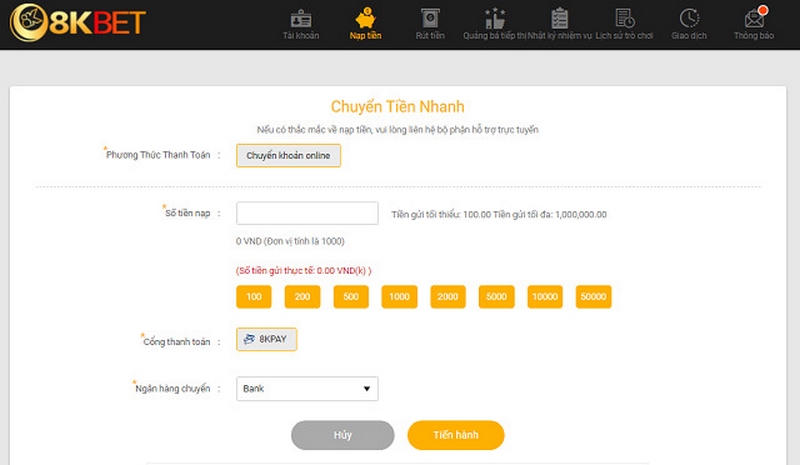 Hướng dẫn nạp tiền 8KBET chớp nhoáng